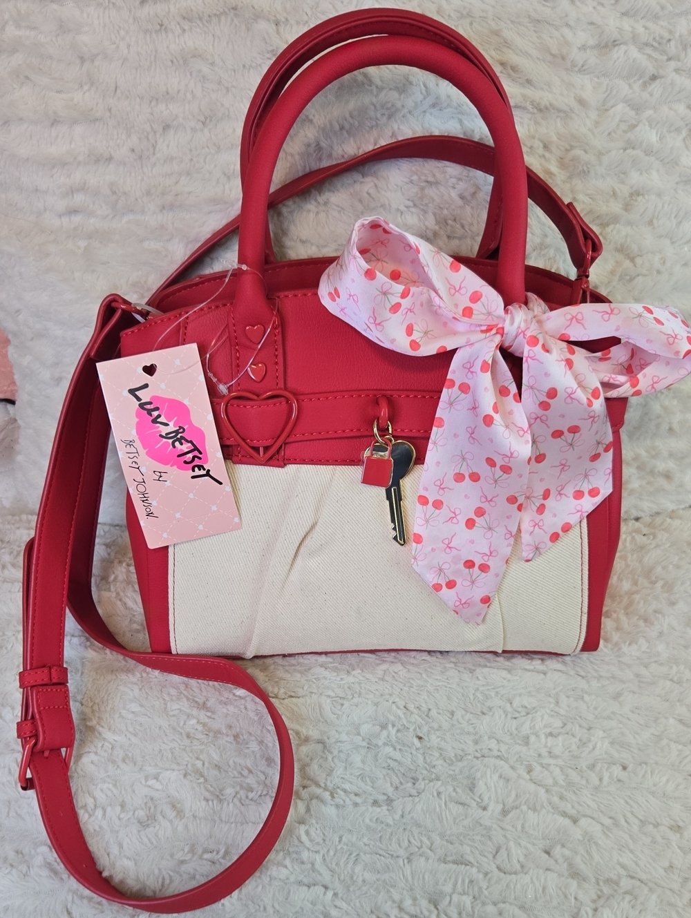 Betsey Johnson Red and Cream Crossbody Satchel with Bow Tie